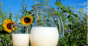 牛乳が入ったいるデキャンタとコップ