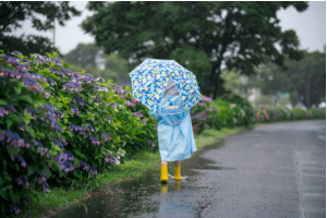 雨の中、レインコートを着て傘をさしている子供
