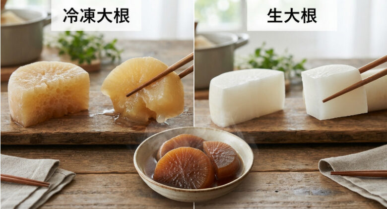 冷凍大根（左）と生大根（右）の断面の比較。左側はスポンジ状になった煮込み用、右側は瑞々しい生の状態。
