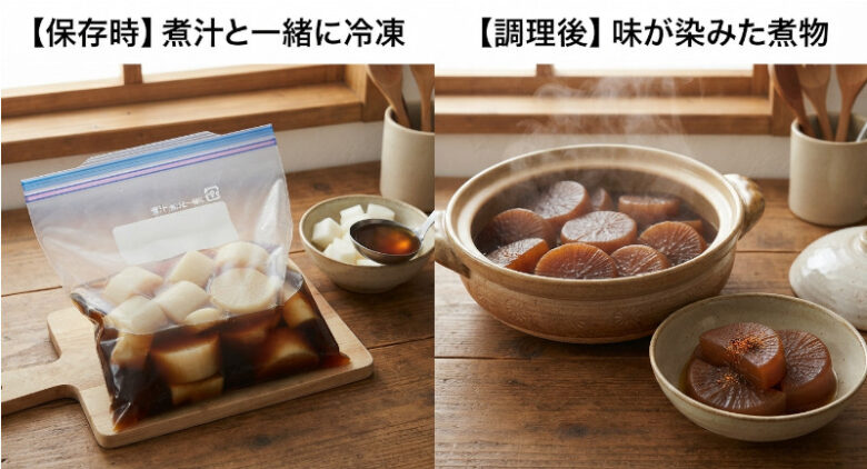煮汁と一緒に保存袋に入っているカットされた生の大根と、鍋で味が染み込んだ完成したおでん。