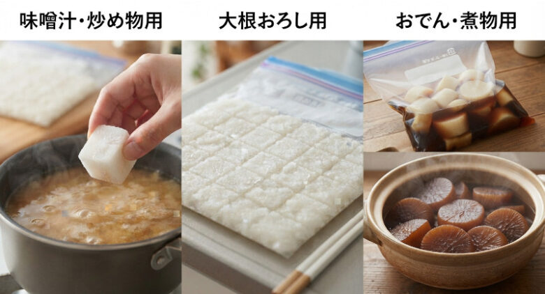 味噌汁用の角切り大根の調理シーン、筋をつけた大根おろし、煮汁と一緒に冷凍・調理されたおでん大根が並んだまとめ画像。