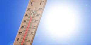 太陽に照らされて39℃を表示している温度計