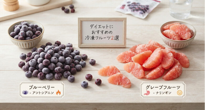 木製のテーブルの上に、「ダイエットにおすすめの冷凍フルーツ2選」と書かれたミニ看板を中心に置き、その両側にたっぷりの冷凍ブルーベリーとグレープフルーツの果肉が皿や器に盛り付けられている様子。それぞれのフルーツの手前には「ブルーベリー アントシアニン」「グレープフルーツ ナリンギン」と記載されたプレートが添えられている。