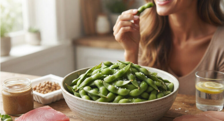 器に盛られた新鮮な枝豆と、美や健康をイメージさせる爽やかな食材が並べられている様子