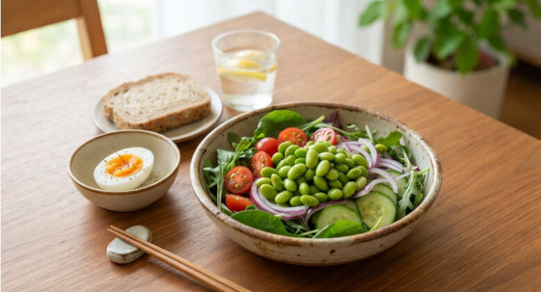 枝豆やゆで卵、全粒粉パンが並んだ、ダイエット中にぴったりのヘルシーな食卓