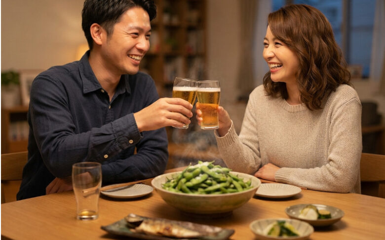 食卓でビールを手に笑顔で乾杯しながら、山盛りの枝豆を楽しむ男女の様子