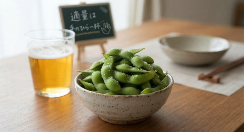 ビールグラスの横に置かれた、手のひら山盛り1杯分の適量の枝豆と「適量は手のひら一杯」と書かれたミニ黒板