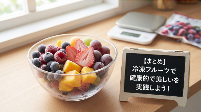 木製のキッチンカウンターの上に、ブルーベリー、ラズベリー、イチゴ、マンゴーなどの色とりどりの冷凍フルーツが山盛りにされたガラスのボウルが置かれている。その隣には、「【まとめ】冷凍フルーツで健康的で美しいダイエットを実践しよう！」と日本語で書かれた小さな黒板風の立て看板がある。背景にはキッチンスケールや冷凍ベリーのパッケージが写っており、明るい自然光が差し込んでいる。