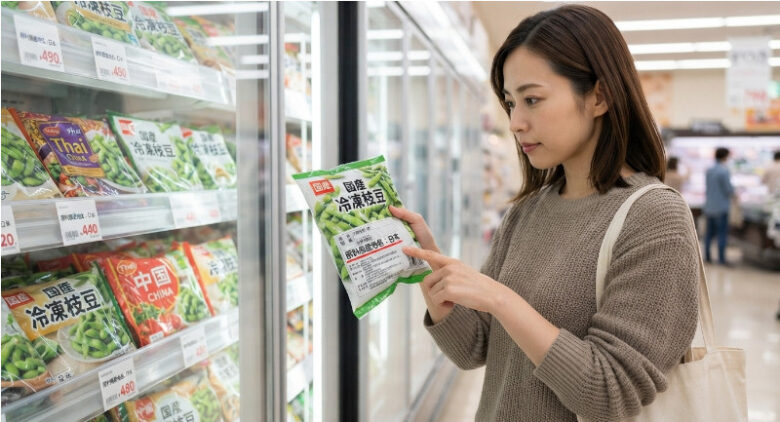 スーパーの冷凍食品コーナーで、棚に並ぶ枝豆のパッケージ裏面を指さしながら原産国を確認している日本人女性の様子
