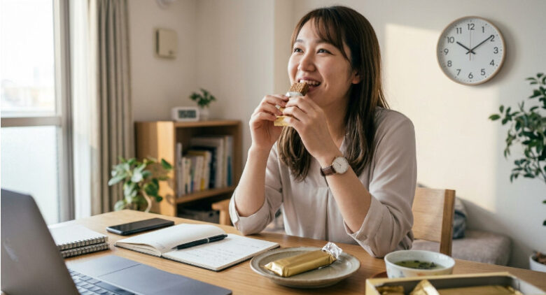 午後3時の時計が掛かる部屋でデスクワークの合間におやつ代わりに栄養調整食品を食べる女性