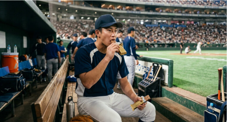 試合の合間に野球のベンチで栄養調整食品を食べて栄養補給する選手
