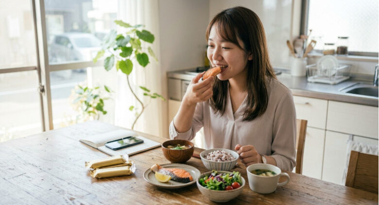 バランスの良い和定食を笑顔で食べつつデスク脇に栄養調整食品を添えている女性