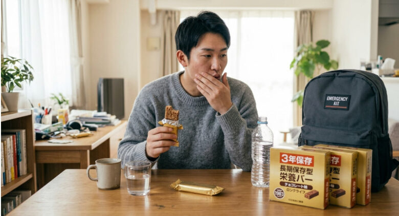 栄養調整食品を食べて口のパサつきを感じ水分を求める男性とデスクに並ぶ長期保存型の非常食・防災リュック