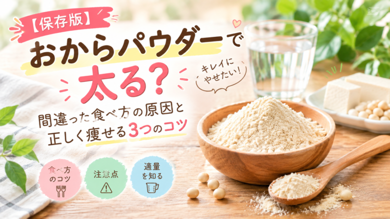 おからパウダーで太る原因と正しく痩せる3つのコツを紹介するイメージ。木製の器に入ったおからパウダーと水、大豆や豆腐がテーブルに並んでいる。