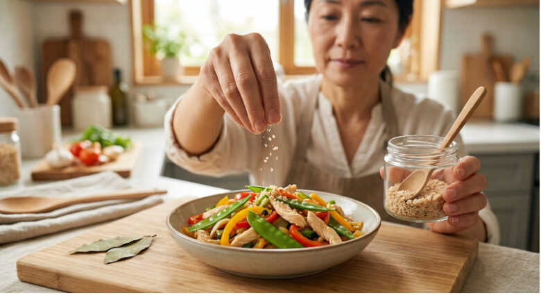 明るいキッチンで、女性が手元で鮮やかな炒め物にうま味調味料を振りかけて仕上げている様子