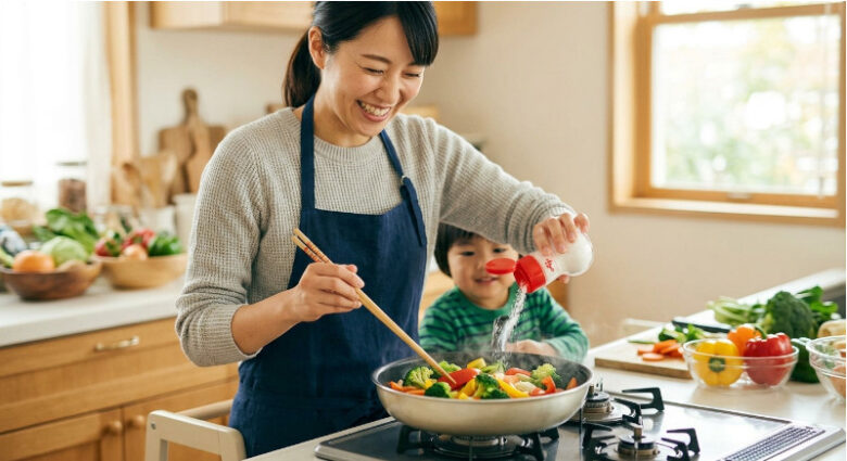 明るいキッチンで笑顔の母親が子供と一緒に料理をし、フライパンの野菜炒めにうま味調味料を振りかけている様子