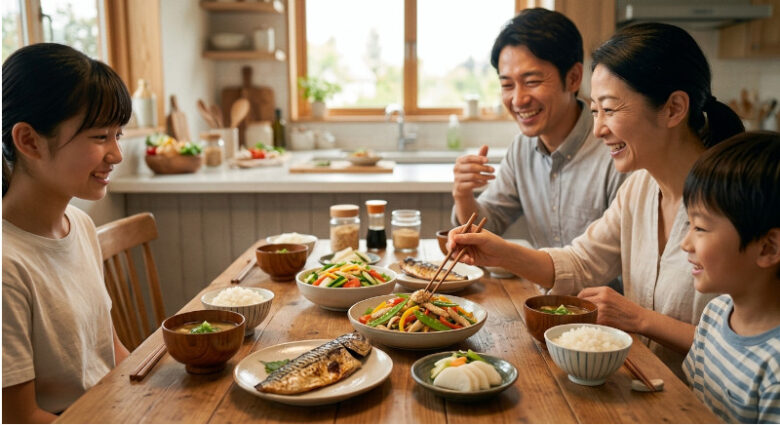 明るいダイニングで、美味しそうな家庭料理が並ぶ食卓を家族で楽しそうに囲んでいる様子