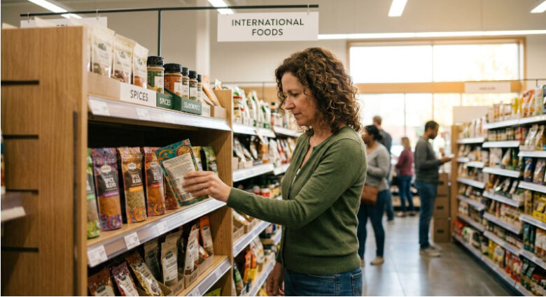 アメリカのスーパーマーケットで、外国人女性が食品パッケージの裏面の成分表示をじっと確認している様子