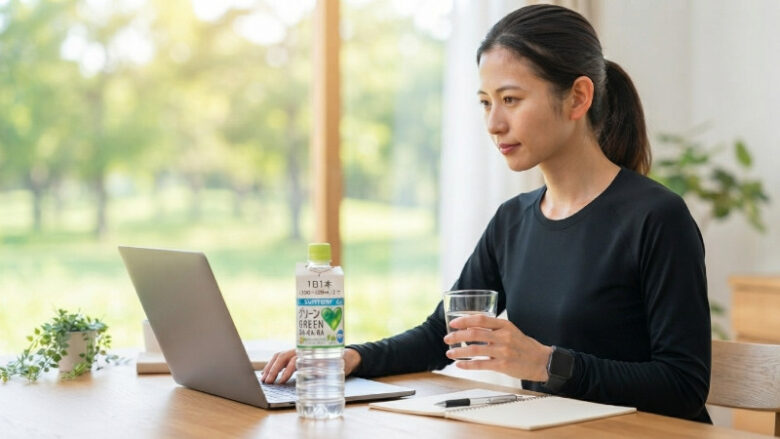 デスクワーク中に適量(1日1本)のグリーンダカラを傍らに置いて作業をする女性