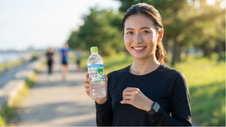 運動後にグリーンダカラを手に持って笑顔を見せる健康的な女性