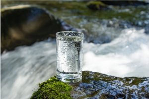 川の中の石に置かれた水の入ったコップ
