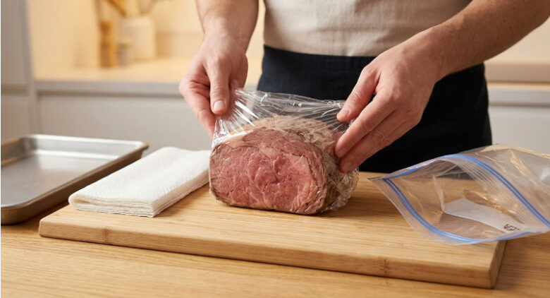 ローストビーフのブロック肉を隙間なくラップで丁寧に包み冷凍保存の準備をする様子
