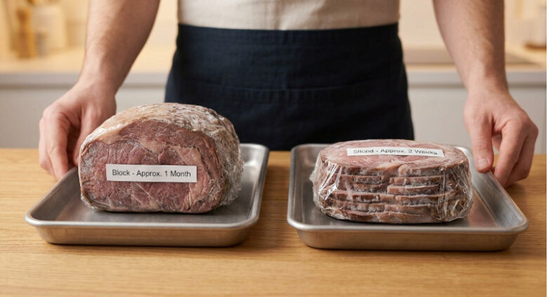 ローストビーフのブロック肉(日持ち約1ヶ月)とスライス肉(日持ち約2週間)の冷凍保存期間の比較