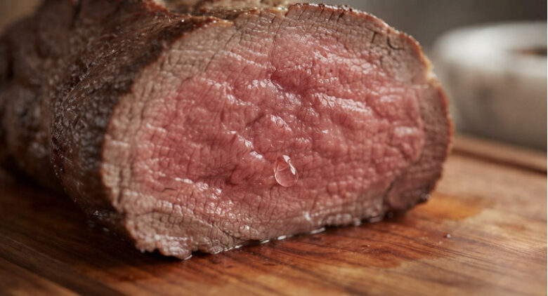 ローストビーフの断面を拡大し、肉の繊維の間から滲み出る赤い肉汁(ミオグロビン)の様子