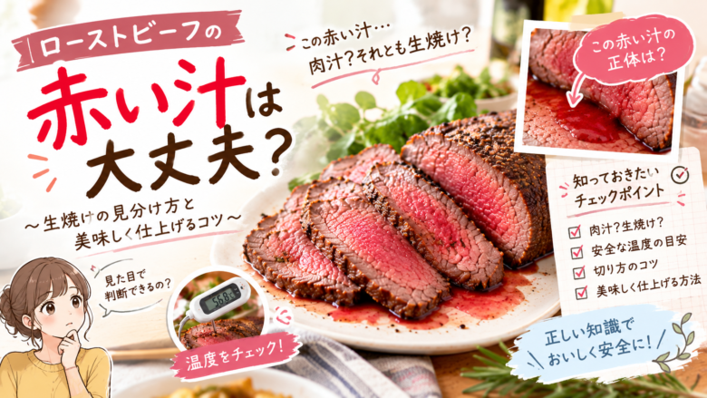 ローストビーフから出る赤い汁の正体と生焼けの見分け方、安全な温度管理や美味しく仕上げるコツを解説するアイキャッチ画像