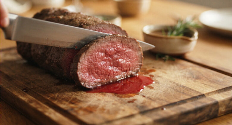 包丁でローストビーフを切ったときに赤い肉汁が溢れ出ている様子