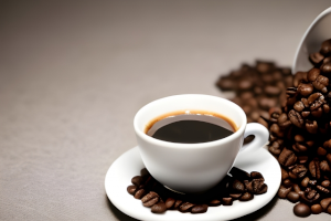 コーヒーが入ったコーヒーカップとこぼれたコーヒー豆