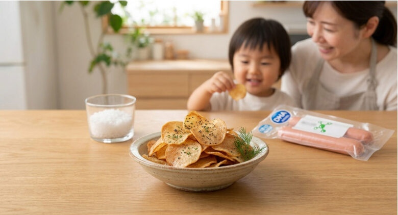 小さな器に盛られたサクサクの魚肉ソーセージチップス。笑顔の親子が手を伸ばしており、背景のキッチンの棚にはテキストなしの魚肉ソーセージパッケージが並ぶ様子。