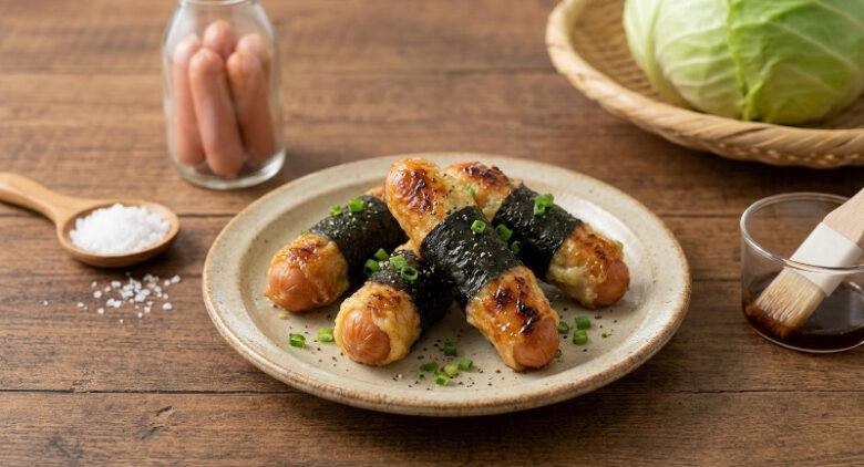 海苔を巻いて香ばしく焼き上げた魚肉ソーセージの磯辺焼き。和風のお皿に盛り付けられ、背景には木目のテーブルと調味料が並ぶ様子