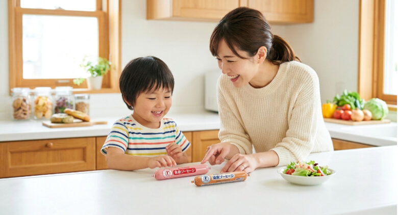 明るいキッチンで魚肉ソーセージを手に笑顔で会話するお母さんと男の子