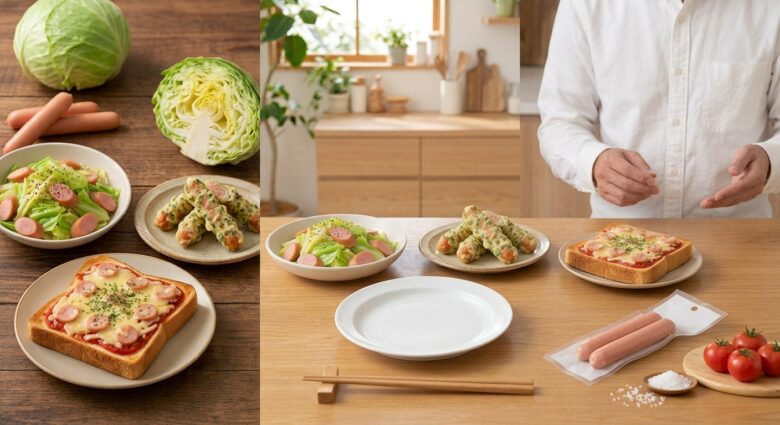 魚肉ソーセージのまとめ:時短レシピの完成図と、親子で笑顔で魚肉ソーセージを選ぶ様子、安心・栄養満点の選択を象徴する緑色の盾のアイコンを並べたインフォグラフィック画像