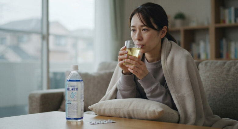 体調を崩しソファで経口補水液を飲んで水分補給をする女性と、テーブルの上の薬やボトル