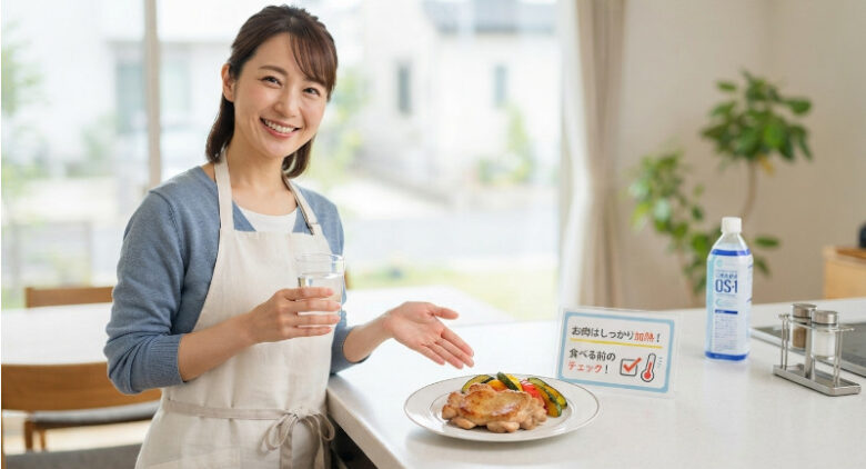 清潔なキッチンでしっかりと加熱された安全な肉料理を紹介し、食中毒予防を呼びかけるエプロン姿の女性
