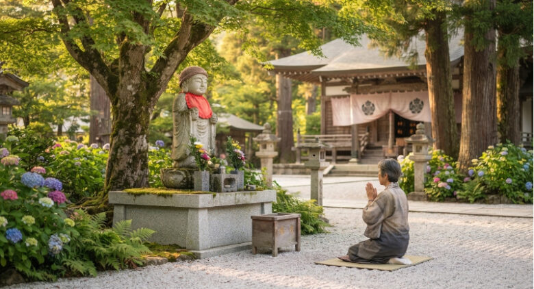 柔らかな光が差し込む美しいお寺の境内で、静かにお地蔵様に手を合わせる参拝客