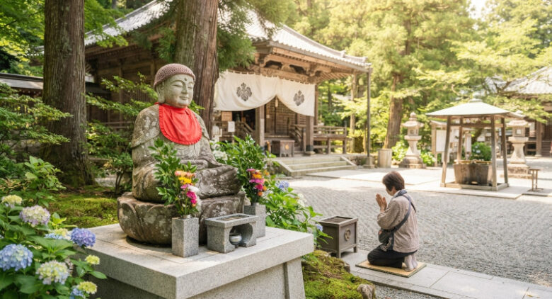 綺麗に管理されたお寺の境内で、お地蔵様に安心して手を合わせる参拝客の様子