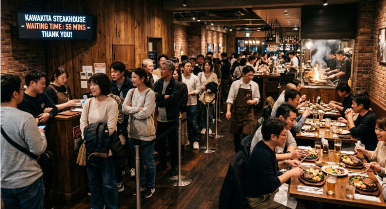多くの客でにぎわう、混雑したステーキ店の様子