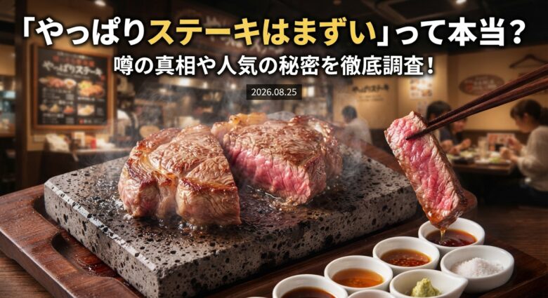 溶岩プレートに乗ったジューシーなステーキと豊富なタレ、「やっぱりステーキはまずいって本当？噂の真相や人気の秘密を徹底調査！」の文字が入ったアイキャッチ画像