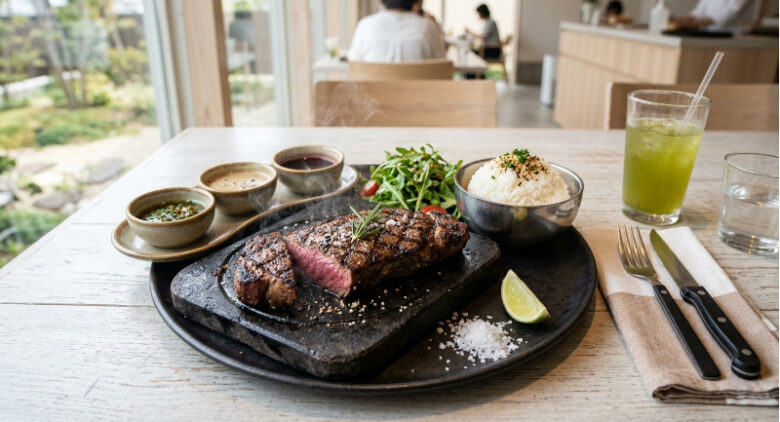 熱々の溶岩プレートにのったジューシーなステーキと、美味しそうなご飯やソースが並んだ食卓