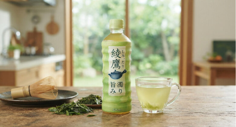 木目のテーブルの上に置かれた「綾鷹」のペットボトルと、お茶が注がれたグラス、茶葉や茶筅が並ぶ上質な緑茶のイメージ