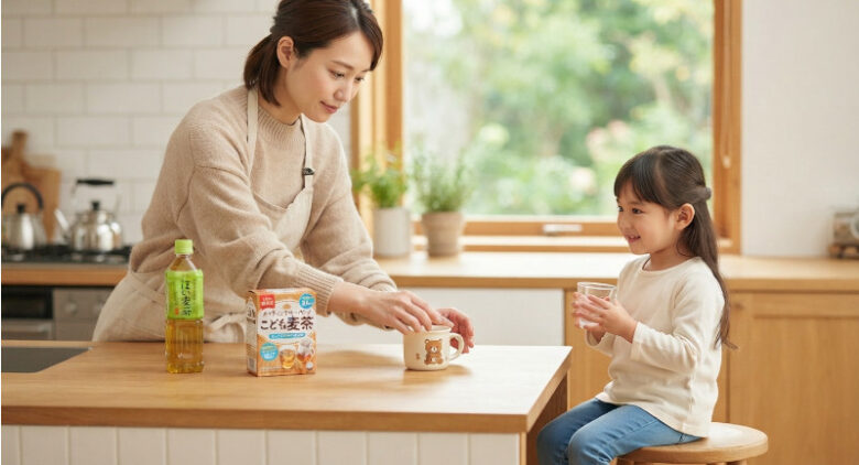 明るいキッチンで、母親が子供にカフェインゼロの麦茶などを優しく手渡している温かい様子