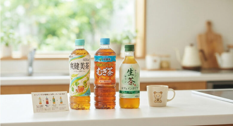 明るいキッチンカウンターに並んだ爽健美茶、健康ミネラルむぎ茶、生茶カフェインゼロのペットボトルと、クマのイラストのマグカップ、そして「カフェインゼロの美味しいお茶、いろいろあります」というメッセージカードが置かれている様子