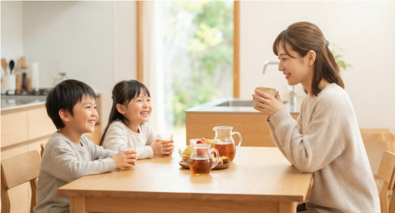 明るいダイニングテーブルで、子供たちと母親がグラスやマグカップにお茶を注ぎながら楽しそうに会話している温かい日常のシーン