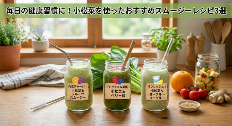 明るいキッチンカウンターの上に並べられた3種類の小松菜スムージー。左からオレンジとぶどうのスムージー、中央はベリー類のスムージー、右はヨーグルトのスムージー。それぞれの瓶には中身を示すアイコンと日本語の説明ラベルが貼られている。背景には新鮮な小松菜、オレンジ、トマト、フルーツ、生姜などが置かれ、窓からは緑が見える。上部には「毎日の健康習慣に!小松菜を使ったおすすめスムージーレシピ3選」の文字。