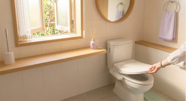 風水的に大切なトイレ習慣（便器のフタを閉める手元と明るいトイレインテリア）
