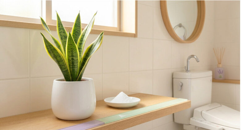 風水でトイレの運気を上げる開運グッズ（陶器鉢に入った観葉植物のサンスベリアのアップ）