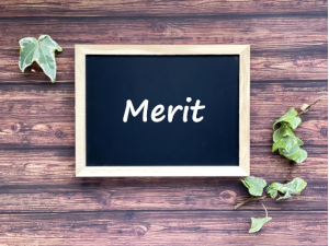 木の枠で囲まれた黒い板にMeritと書かれている